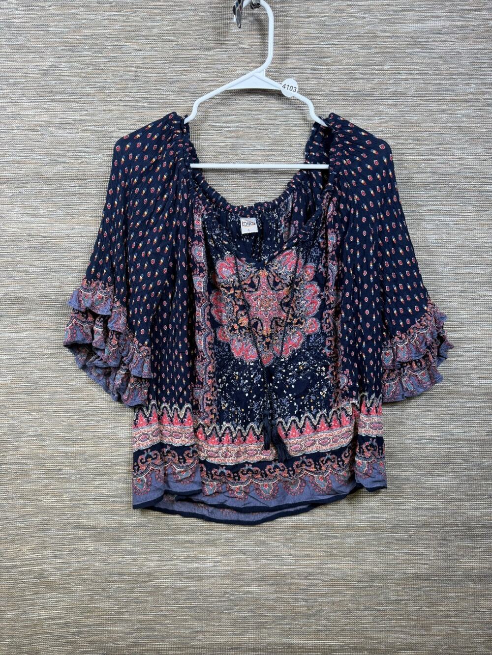 Bila Boho Peasant Top Size L Tassel Tie Ruffled 3/4 Sleeve Mandala Navy Multi